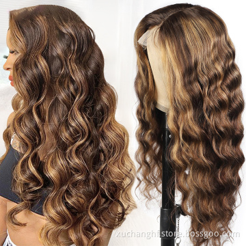 Brazilian Highlight Honey Blonde Pre-plucked Virgin Human Hair Deep Wave Lace Frontal Wigs For White and Black Women